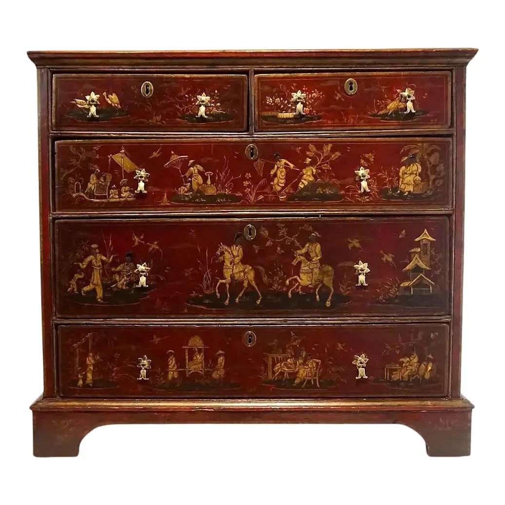 1720s English Chinoiserie Red Japanned Chest of Drawers | Chairish