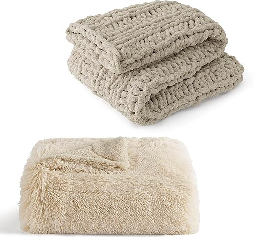 Bedsure Bundle of 1 Faux Fur Teal Throw Blanket & 1 Chunky Knit Blanket | Amazon (US)