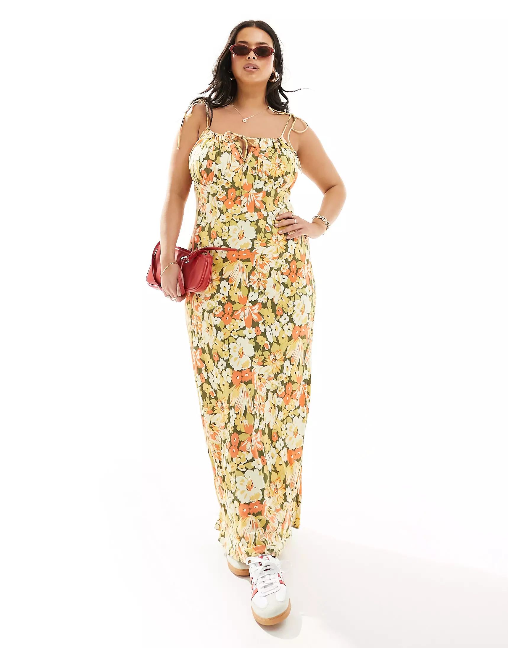 ASOS DESIGN Curve ruched bust maxi slip dress in mustard floral print | ASOS (Global)
