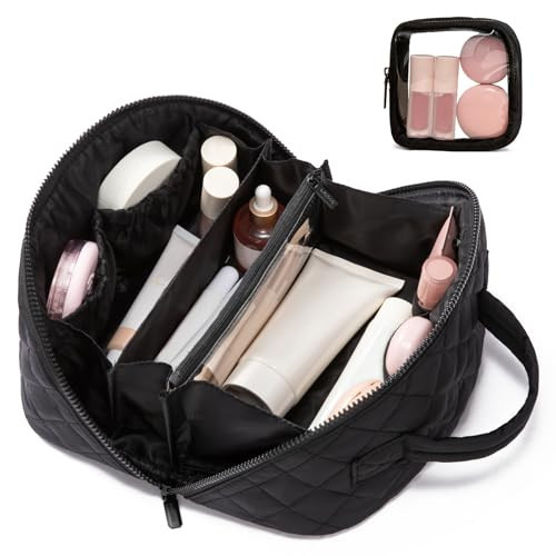 LOVEVOOK Travel Makeup Bag for Women, 2Pcs Puffer Waterproof Cosmetic Organizer, Large Capacity Pouch Open Flat Small Toiletry Bag with Brush Compartment & Handle (Black, Medium) | Amazon (US)