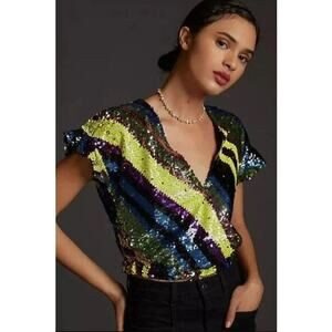 Rdalamal x Anthropologie Sequin Top Women XS Multicolor Crop Surplice Statement | Poshmark