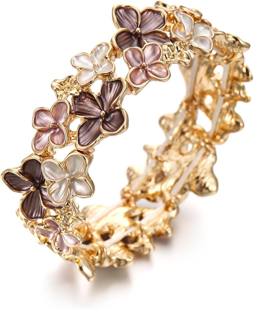 Amazon.com: LUREME Gold Sakura Floral Bracelet for Women - Colorful Enamel Flower Stretch Bangle,... | Amazon (US)