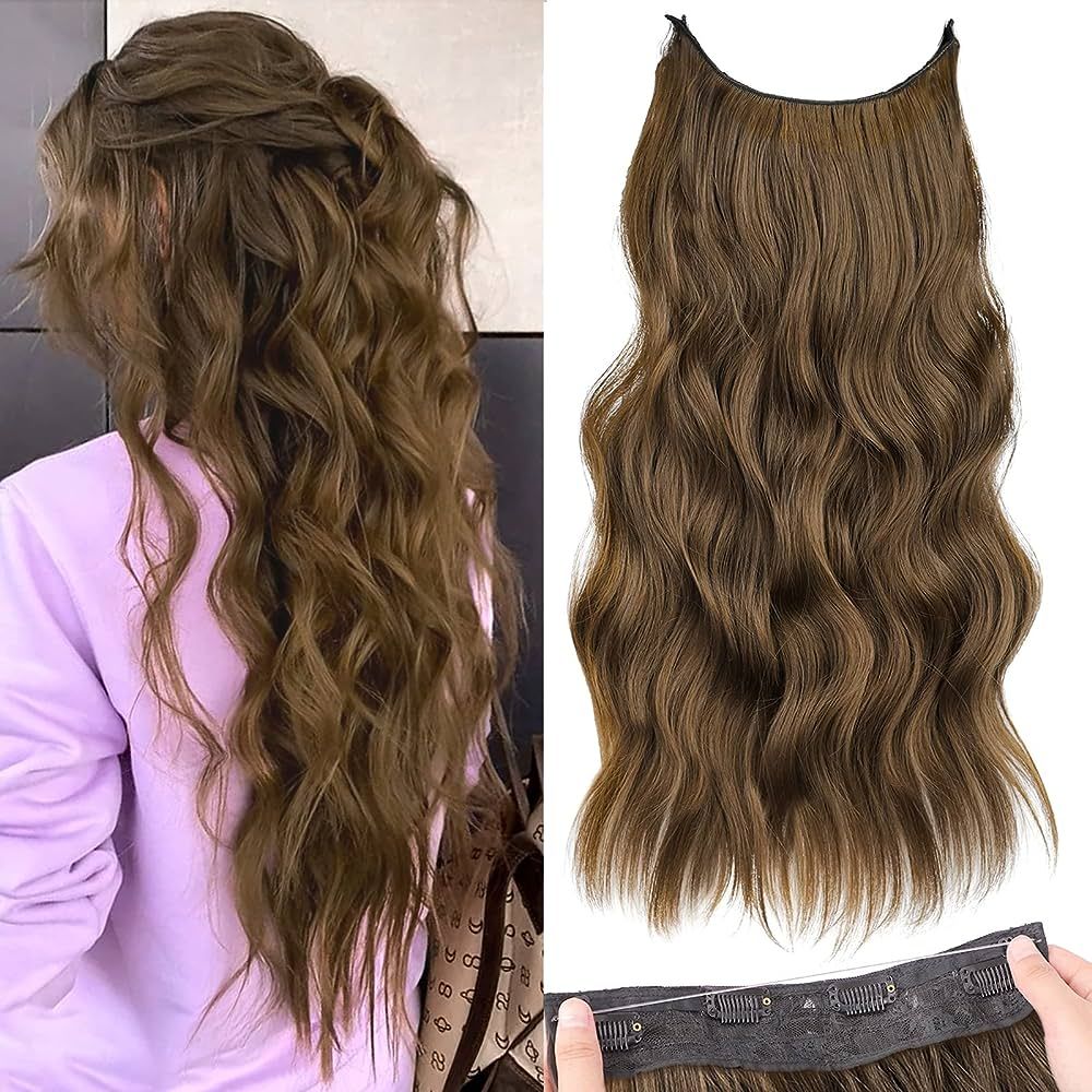 Invisible Wire Hair Extensions with Transparent Wire Long Wavy Synthetic Hairpiece 20 Inch Chestn... | Amazon (US)