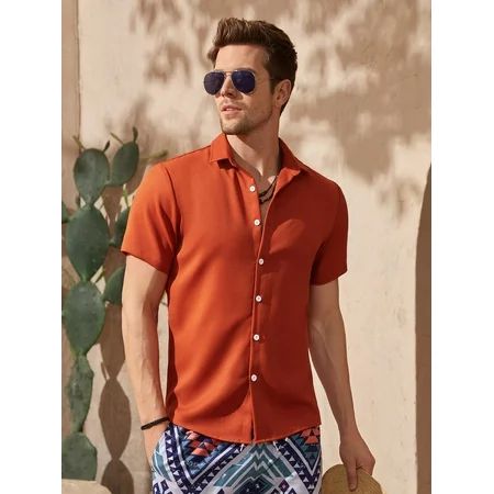 Burnt Orange Men Solid Button Front Shirt Casual L(40) S2218001D | Walmart (US)