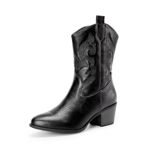 DREAM PAIRS Cowboy Boots for Women, Mid Calf Cowgirl Boots with Embroidery Round Toe Western Chunky Low Heel Shoes,Size 6.5,All Black,DWUMMB2505 | Amazon (US)