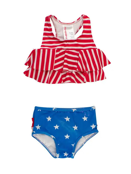 RuffleButts Girls Flounce Bikini in Shimmer Stars & Stripes at Nordstrom, Size 6 | Nordstrom