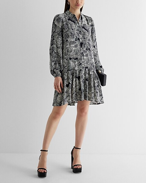 Floral Ruffle Hem Oversized Shirt Dress | Express