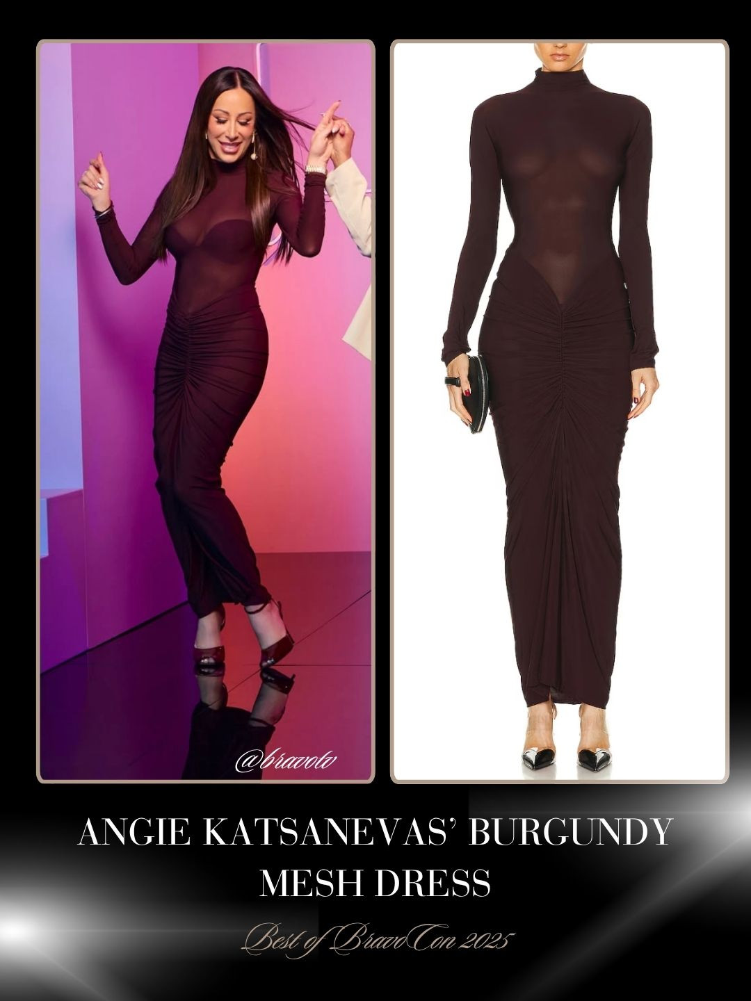 Angie Katsanevas' Burgundy Sheer Mesh Dress at Bravocon 2025 Photo: @BravoTV 

 