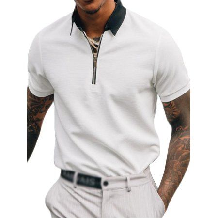 Frontwalk Men Classic Fit Zipper T Shirts Spliced Athletic T-shirt Short Sleeve Golf Tee White Black | Walmart (US)