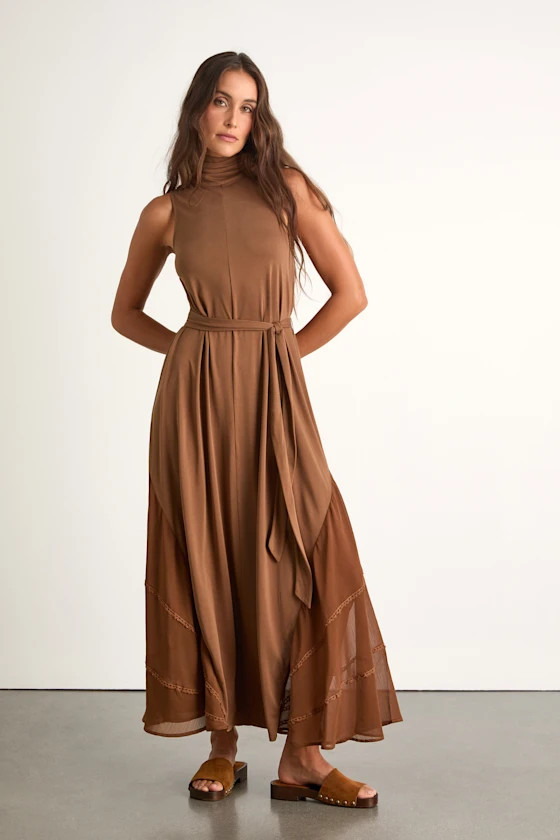 Jessa Brown Jersey Knit Mock Neck Maxi Dress | Lulus