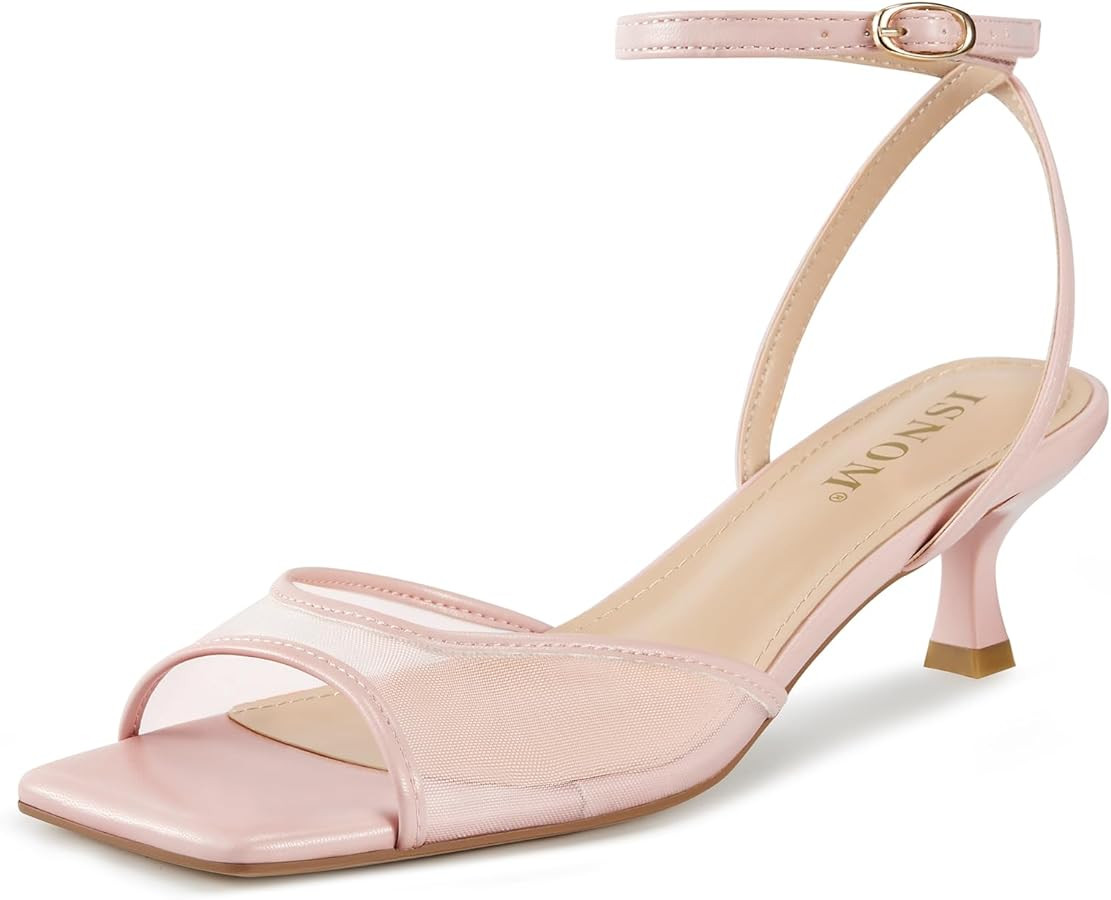 Amazon.com: ISNOM Pink Kitten Heels Mesh Heels for Women Square Toe Ankle Buckle Strap Low Heels ... | Amazon (US)