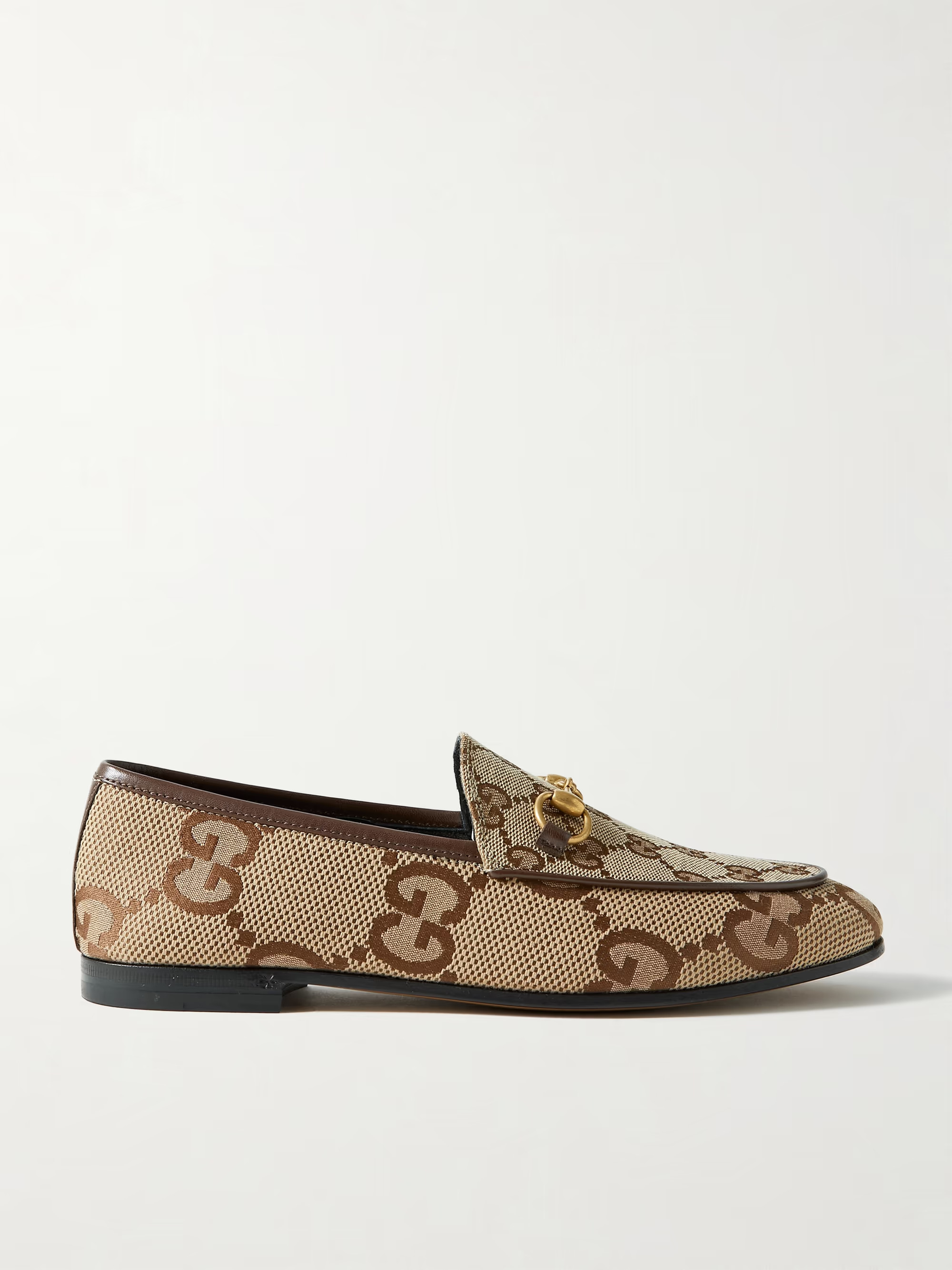Beige Jordaan horsebit-detailed leather-trimmed canvas-jacquard loafers | GUCCI | NET-A-PORTER | NET-A-PORTER (US)