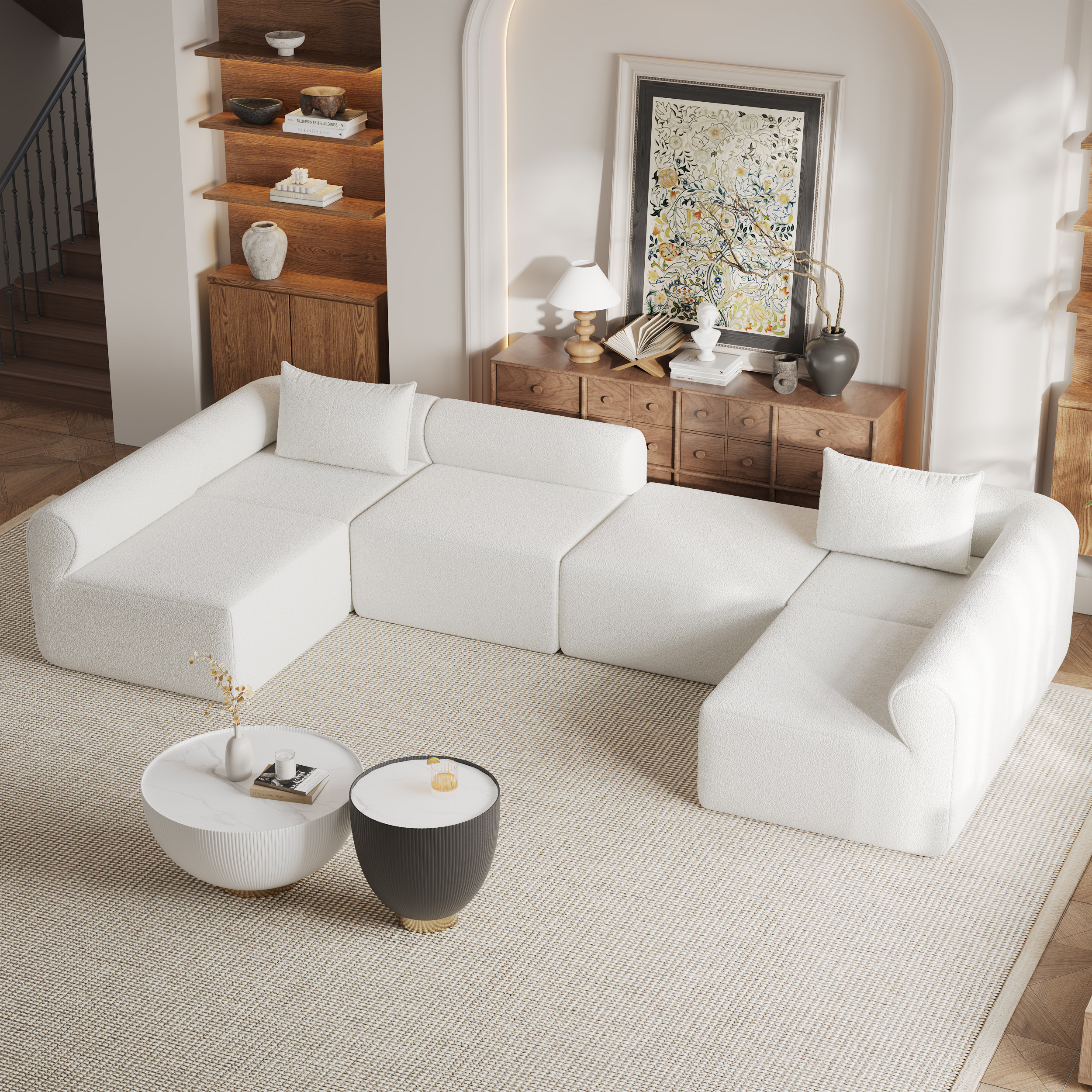 120"" Boucle Modular Chaise Sectional Sofa 6 Pieces White Sectional Couch | Homary