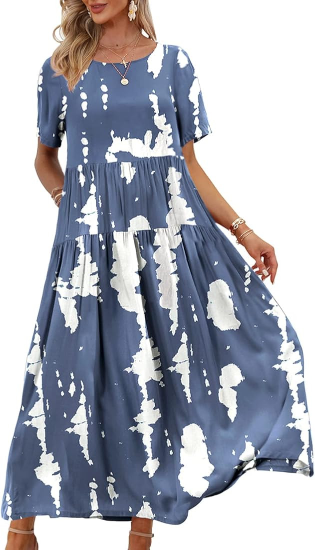 YESNO Women Casual Loose Bohemian Floral Dresses with Pockets Short Sleeve Summer Beach Swing Dre... | Amazon (US)