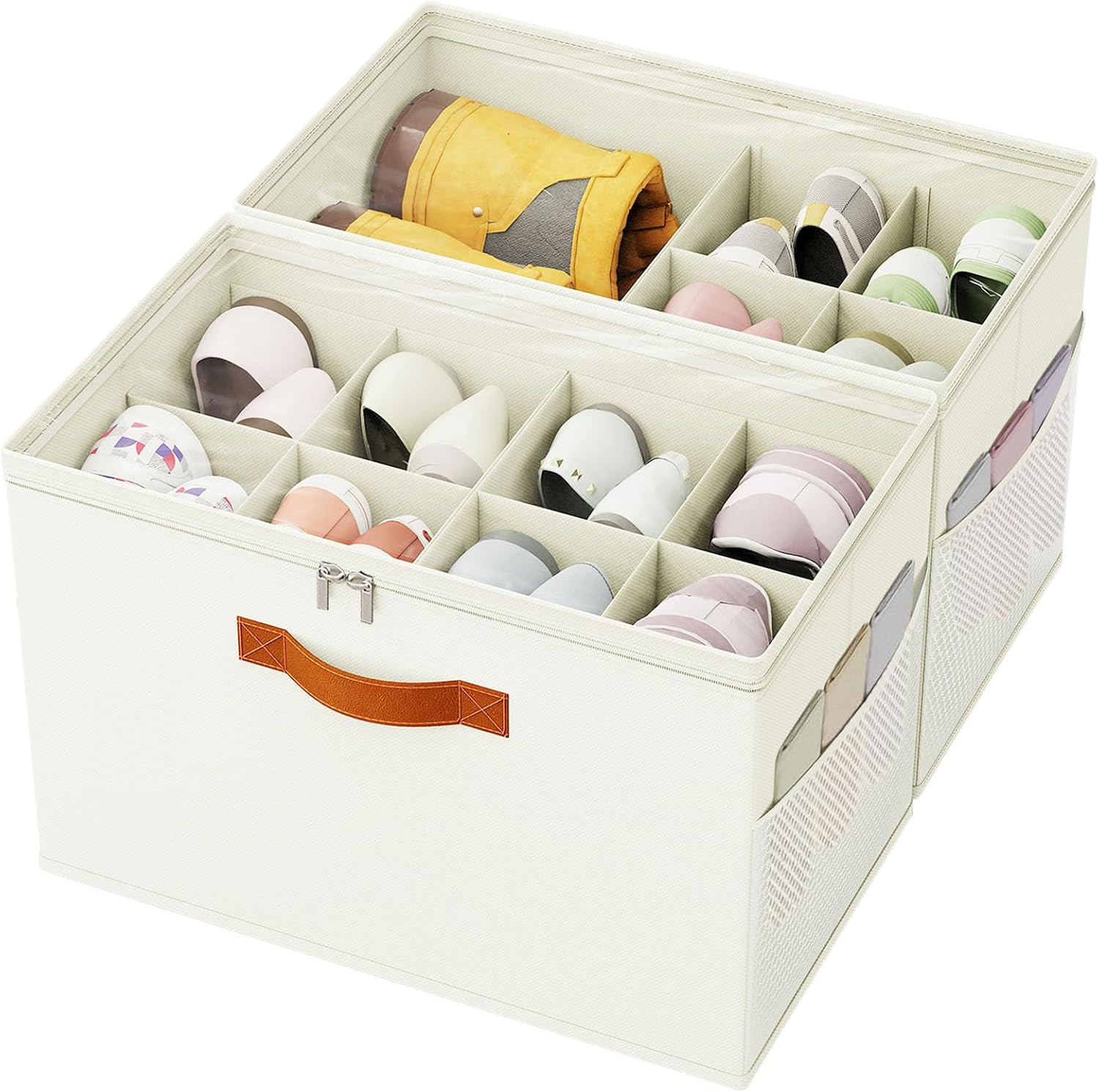 Shoe Organizer for Closet, 2-Pack Foldable Shoe Storage Box with Adjustable Dividers & Clear Cover, Fits 16 Pairs, Beige, Durable and Space-Saving | Amazon (US)