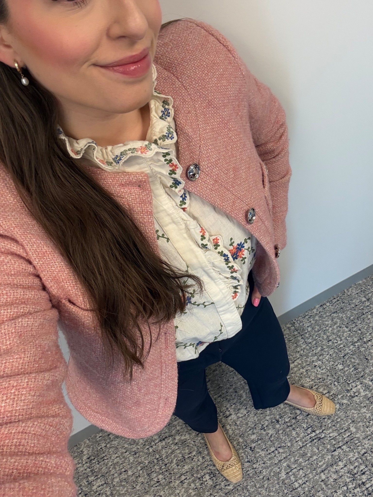 Office outfit, office style, workwear, spring workwear, pink tweed blazer, pink blazer, white blouse, spring blouse, raffia ballet flats, raffia flats, work pants, comfortable work pants, spring work clothes, corporate style, corporate outfit

#LTKTall #LTKWorkwear #LTKSeasonal