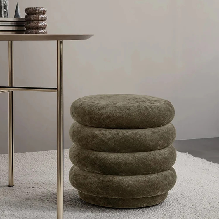 Round Green Velvet Vanity Stool in Piled-up Design | Homary
