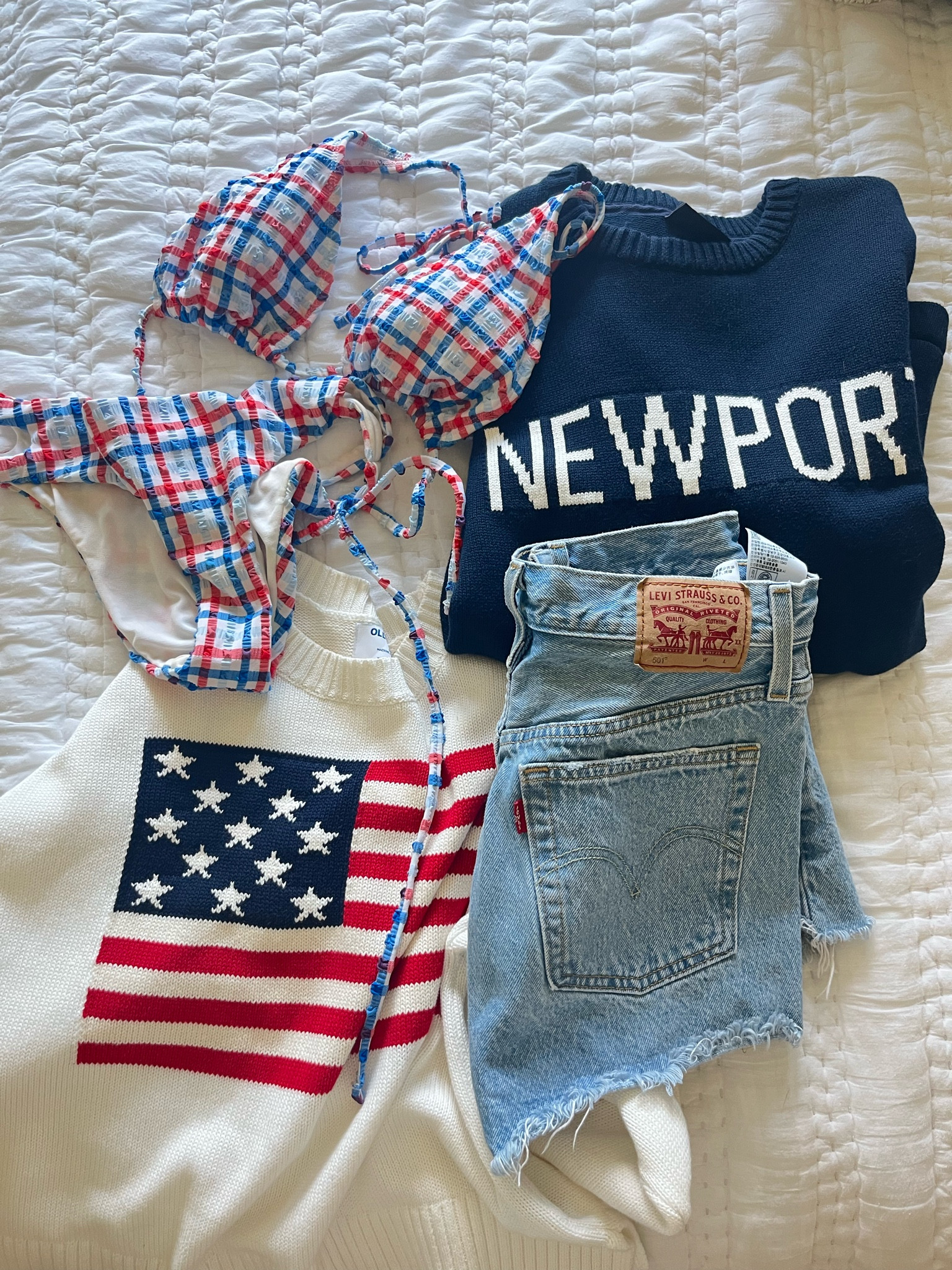 Newport Sweater is from a boutique in Newport. 

Bikini is Gianni Bini from Dillards 

