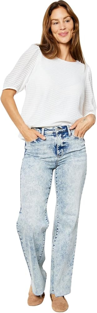Judy Blue Jeans anchos con dobladillo crudo lavado mineral de cintura alta para mujer 88828- | Amazon (US)