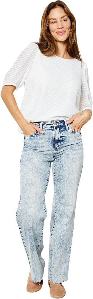 Judy Blue High Waist Mineral Wash Raw Hem Wide Jeans for Women 88828- | Amazon (US)