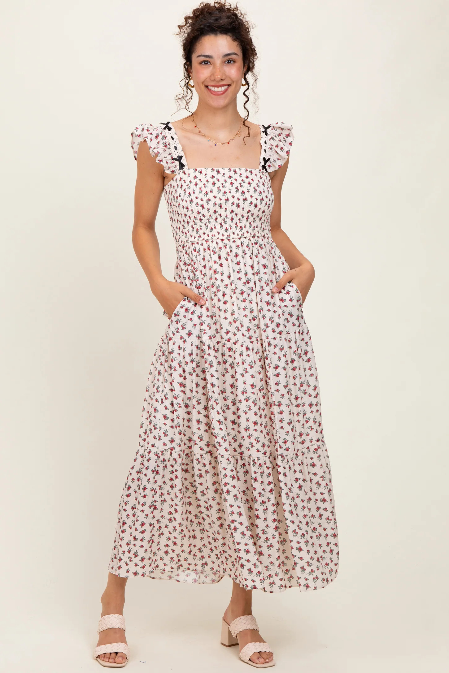 Red Floral Bow Trim Lace Detail Smocked Maxi Dress | PinkBlush Maternity