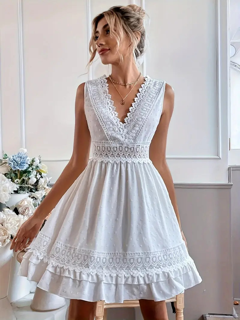Dot Lace Splicing V neck Dress Elegant Sleeveless Tie - Temu | Temu Affiliate Program