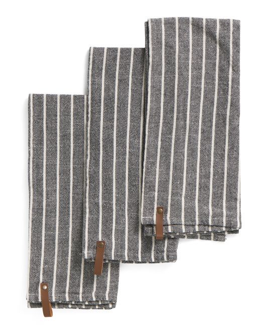 Set Of 3 Stone Washed Kitchen Towels With Leather Loops | TJ Maxx