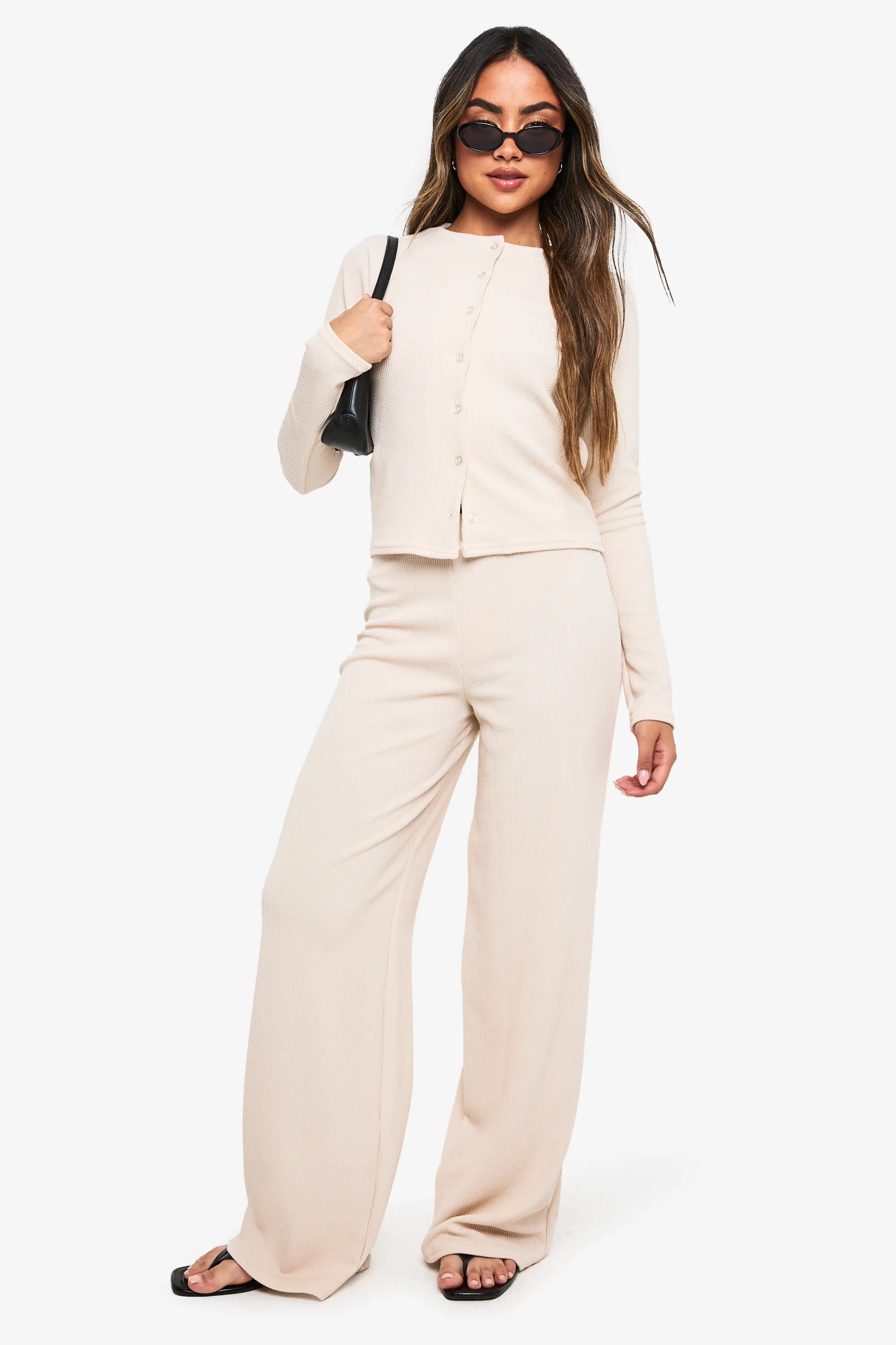 Ecru Rib Button Through Long Sleeve Top and Wide Leg Trouser Co-ord | Boohoo | Boohoo.com (UK & IE)