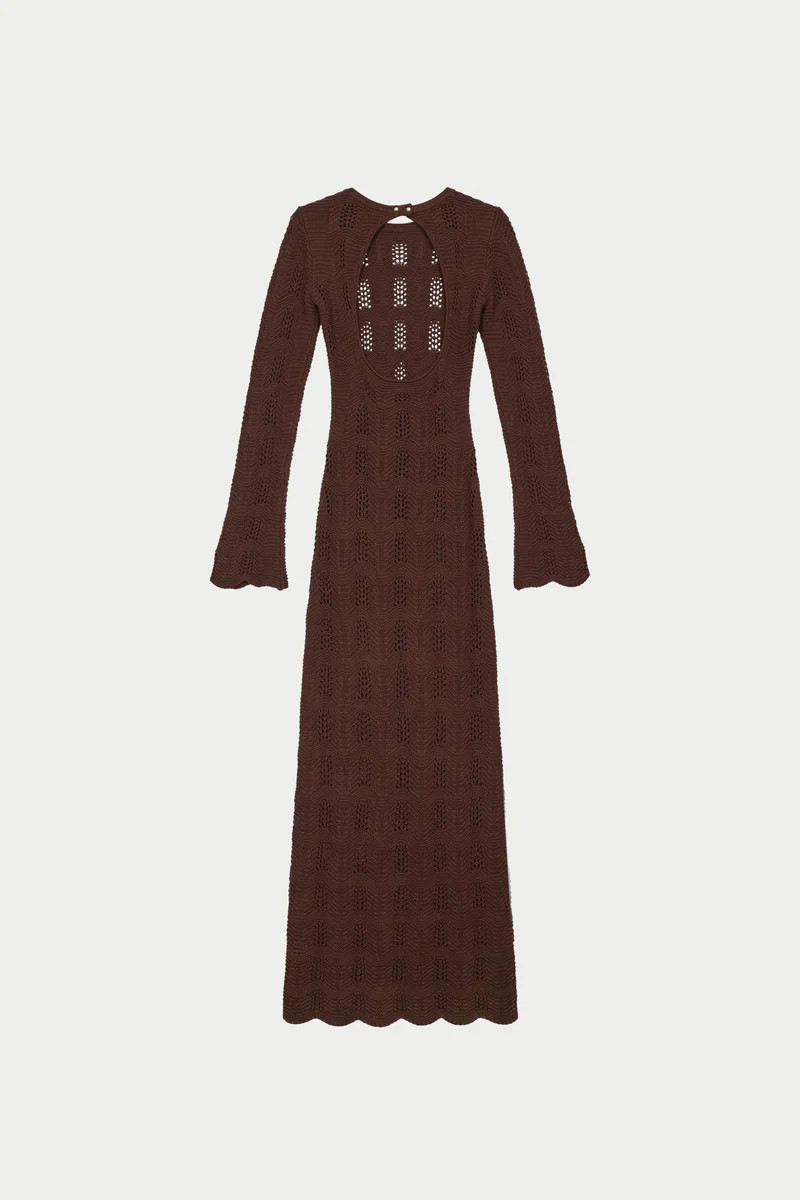SCALLOP EDGE KNITTED MAXI DRESS - CHOCOLATE | The Couture Club