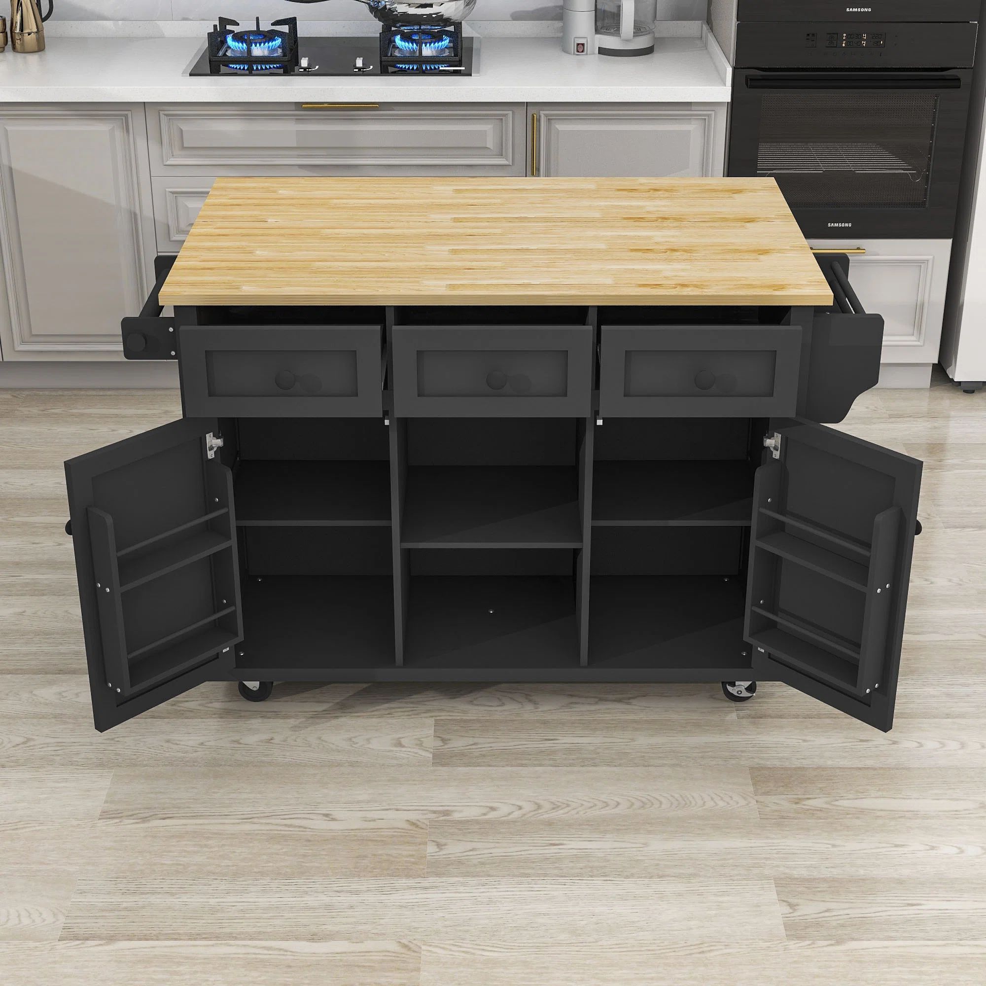Kitchen Cart with Rubber Wood Drop-Leaf Countertop, Kitchen Island with Storage Cabinet and 3 Dra... | Wayfair North America