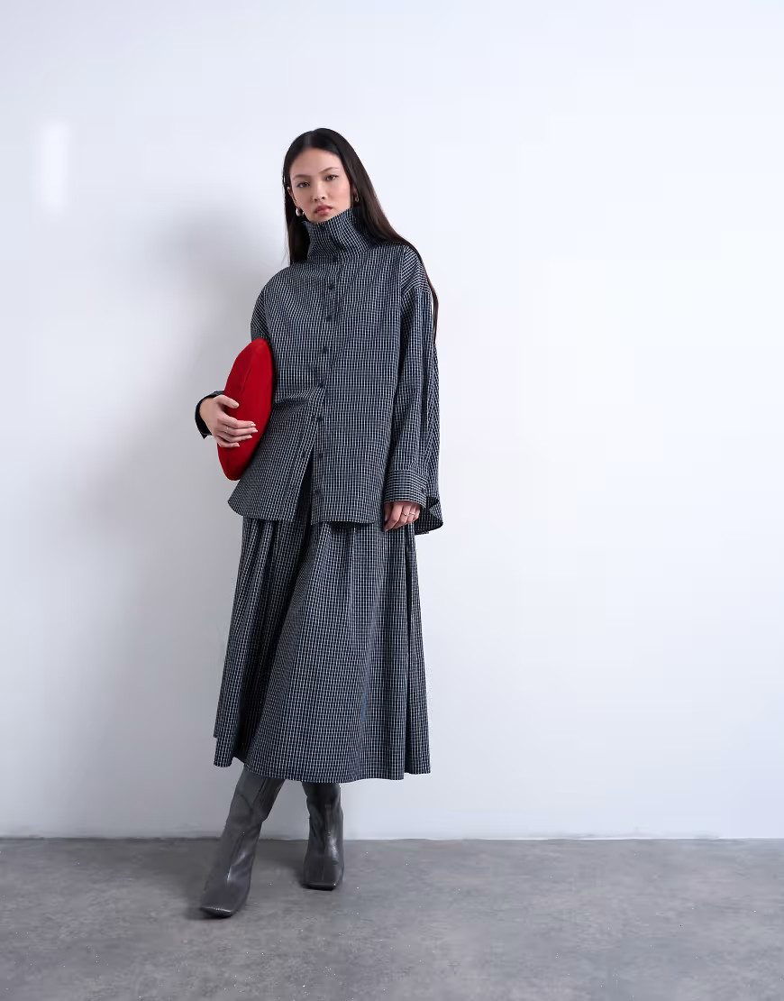 Topshop gathered waist plaid midi skirt in navy | ASOS (Global)