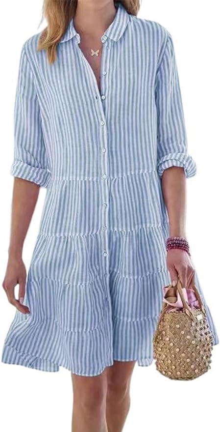 utcoco Womens Striped Button Down Midi Shirt Dress Casual Loose Cuffed Long Sleeve Mid Long Dress... | Amazon (US)