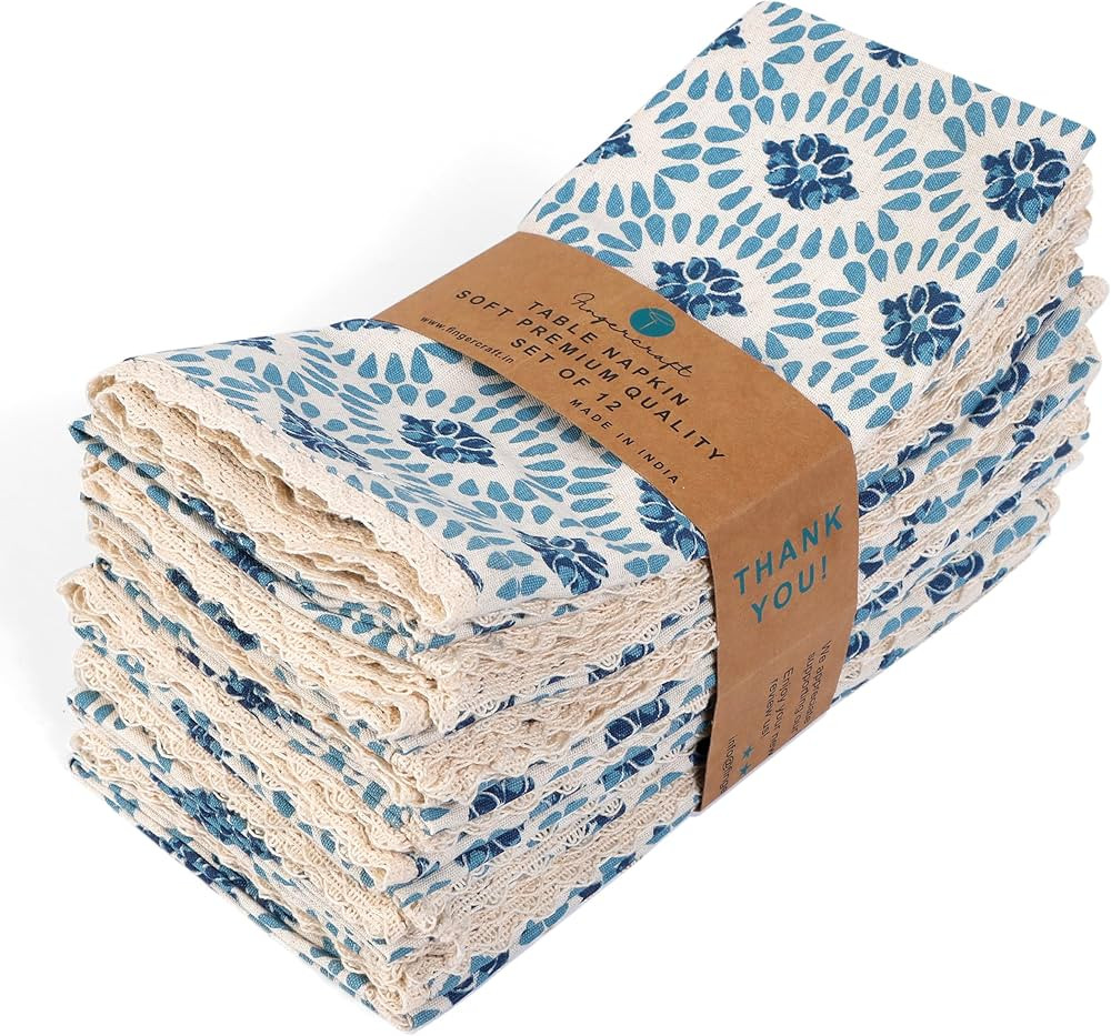 FINGERCRAFT Dinner Cloth Napkin Cotton Linen Blend 12 Pack Mitered Corners with Elegant Lace for ... | Amazon (US)