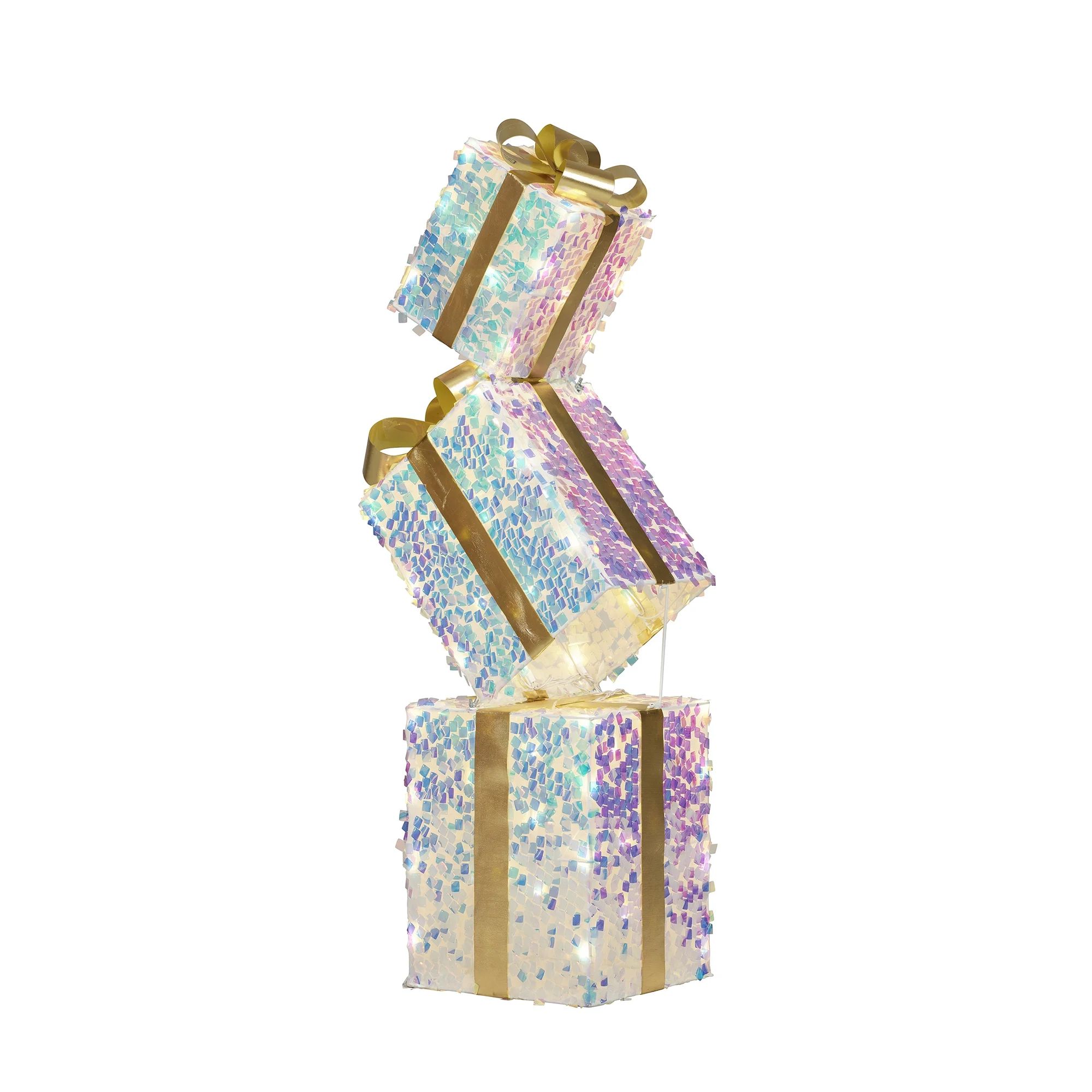 Light-up Stacked Sequin Gift Boxes with 60 Warm White LED Lights, 42", Holiday Time | Walmart (US)