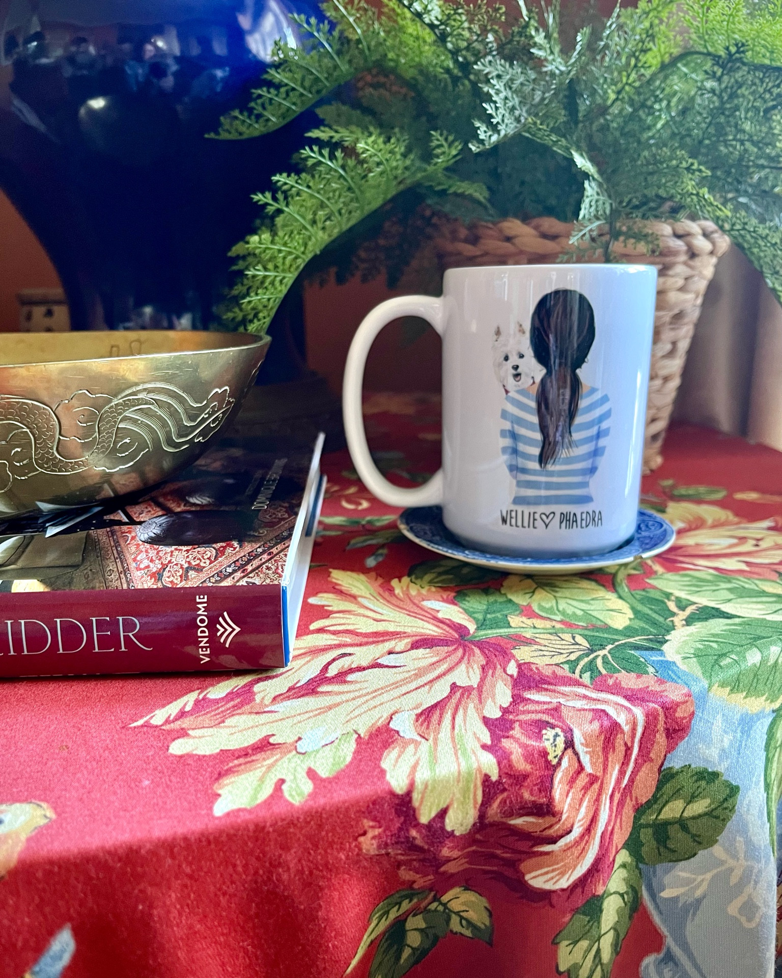 Quiet morning with my favorite dog mom mug. Love the many options this design has - pick your breed of dog OR cat, pick your hair style and color, your skin tone and your shirt. Can fit two animals, one per shoulder. Would be a great gift too. Plus the design is on both sides (a pet peeve when it isn’t!) 
The best faux fern for the shadowed corner that won’t keep a plant alive. Linking my set of two plus a few other options. 
Love this vintage chinoiserie brass bowl. Had it filled with vintage shiny Brites over the holidays. It looks great empty too. Found several similar options for you. 

#LTKGiftGuide #LTKstyletip #LTKhome