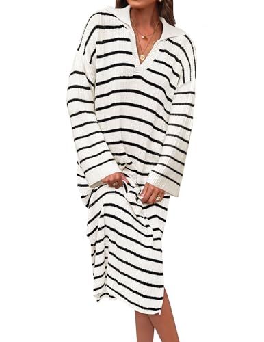 ZESICA Women’s Fall Striped Sweater Dresses 2024 Casual Long Sleeve Lapel V Neck Knit Side Slit... | Amazon (US)