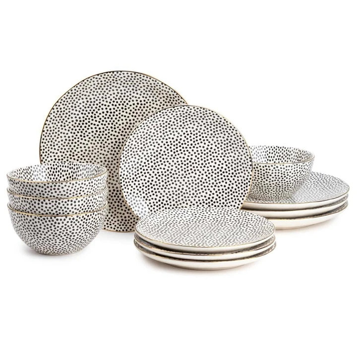 Dinnerware Black & White Dot Stoneware, 12 Piece Set | SHEIN