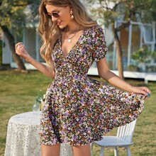 Puff Sleeve Zip Back Ditsy Floral Dress | SHEIN