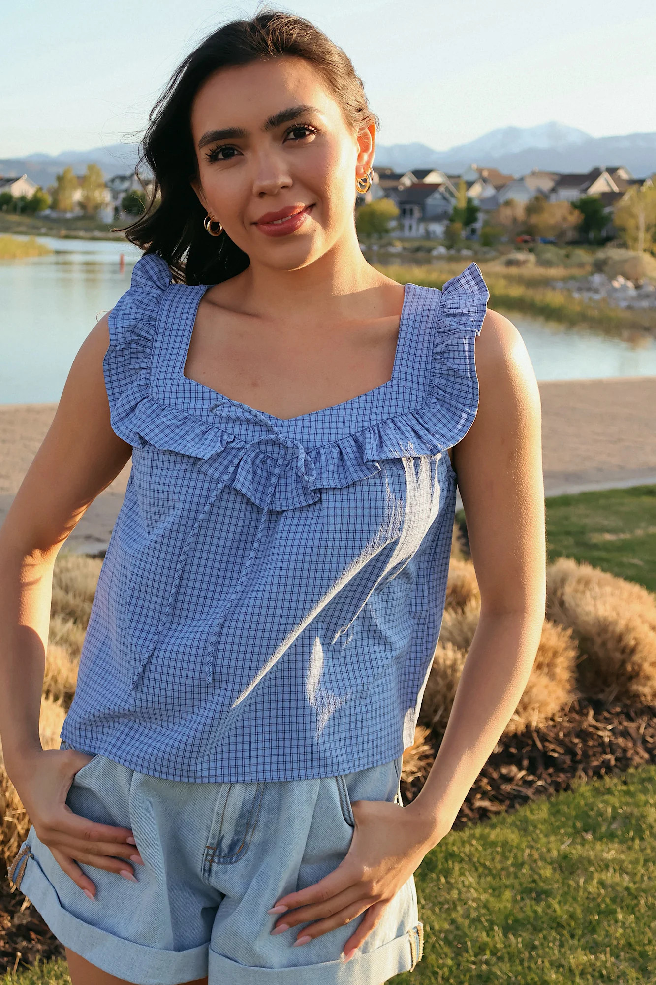 Gwen Checkered Tank in Blue | Henly