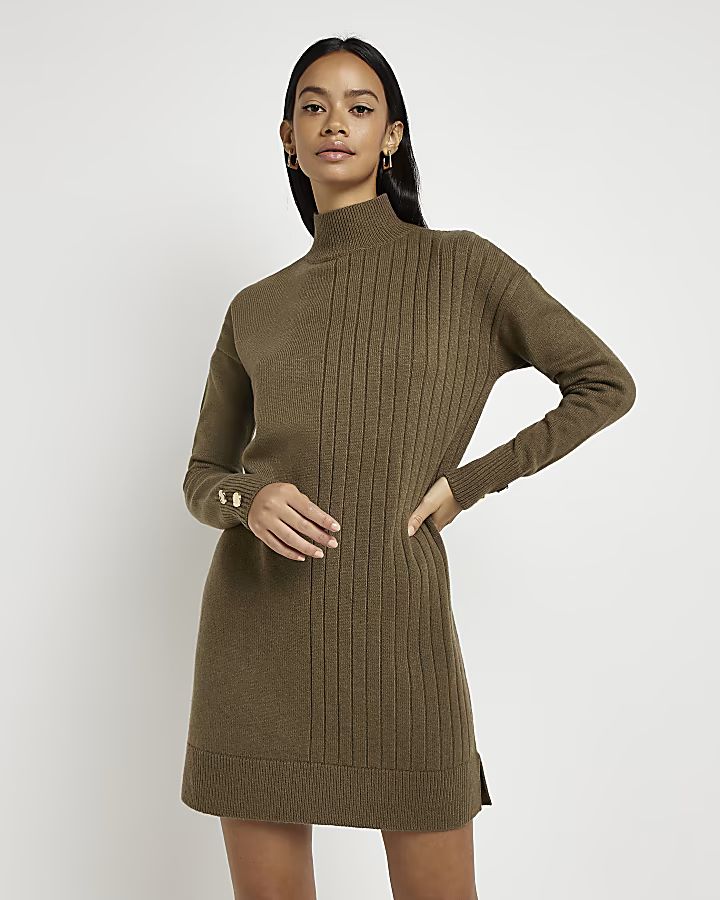 Khaki high neck jumper mini dress | River Island (US)