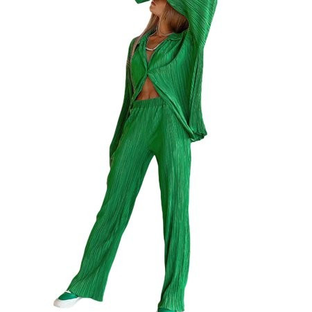 Womens Casual 2 Piece Outfits Long Sleeve Button Down Pleated Shirt + Pants Set | Walmart (US)