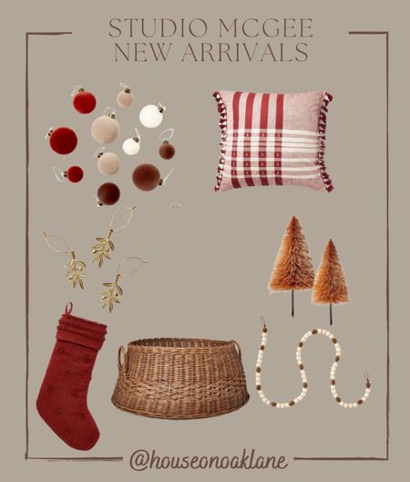 Studio mcgee threshold target christmas new arrivals red velvet ornaments, woven tree skirt, neutral brown bottle brush 