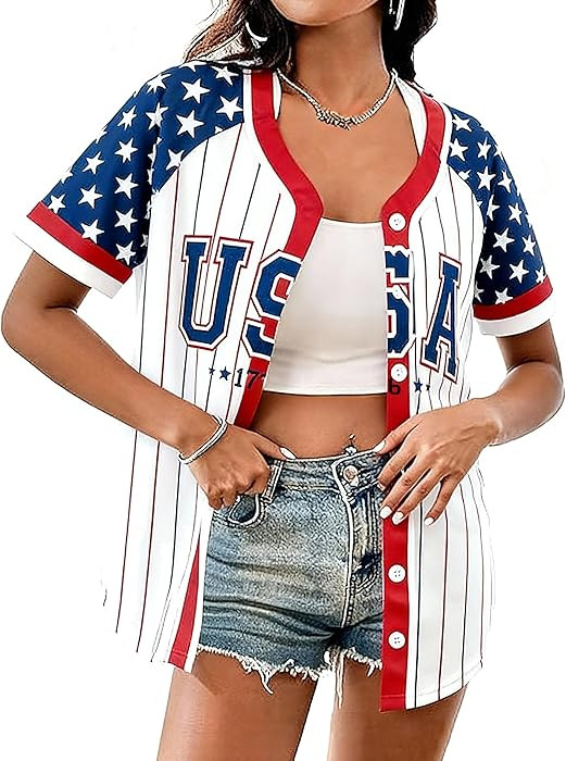 Women's American Flag Button Down Jersey Shirt Patriotic USA Short Sleeve Shirts 4th of July Base... | Amazon (US)