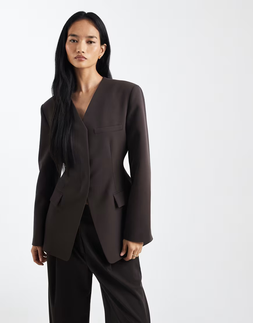ASOS DESIGN high break point collarless blazer in brown | ASOS (Global)