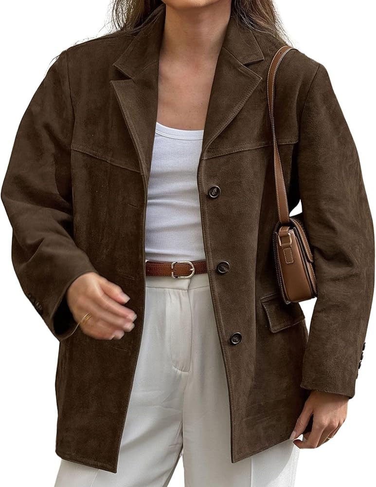 loveimgs Women Retro Brown Faux Suede Jacket Leather Blazer Coat Old Money Aesthetic Fall Jacket ... | Amazon (US)