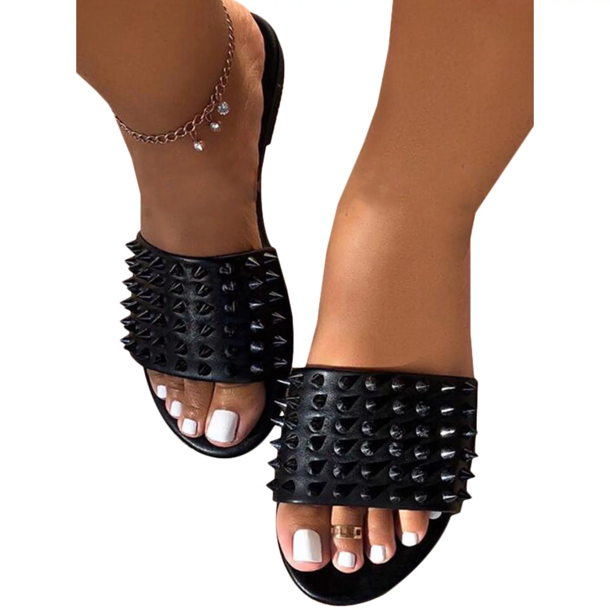 Women's Studded Spike Flat Sandals Summer Peep Toe Slip On Mules Slippers Shoes | Walmart (US)