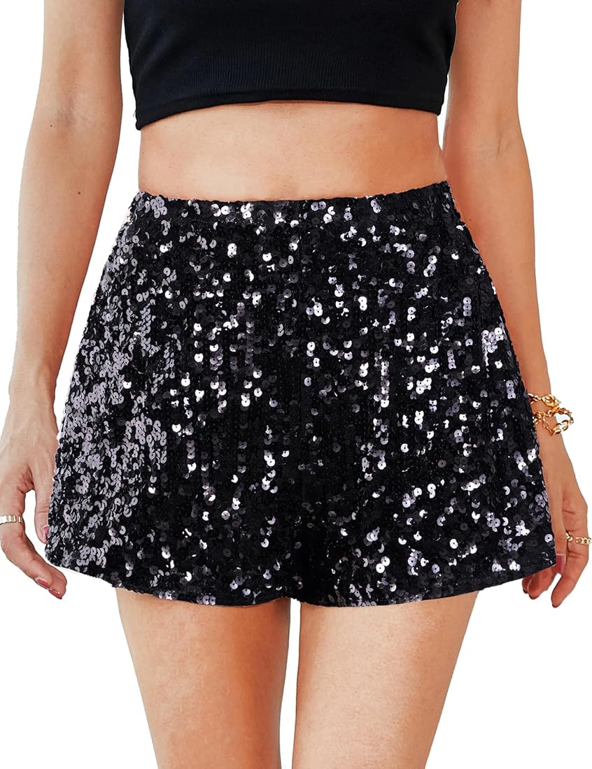 MANER Women's Sequin Shorts Sparkly Stretchy Night Out Party High Waisted Shorts | Amazon (US)
