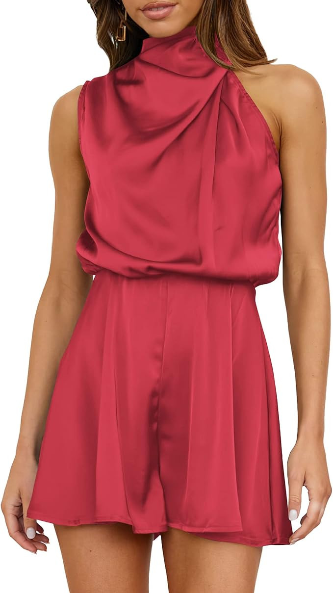 BTFBM Women Mock Neck Summer Romper 2025 Spring Beach Vacation Clothes Sleeveless Elastic Waist S... | Amazon (US)