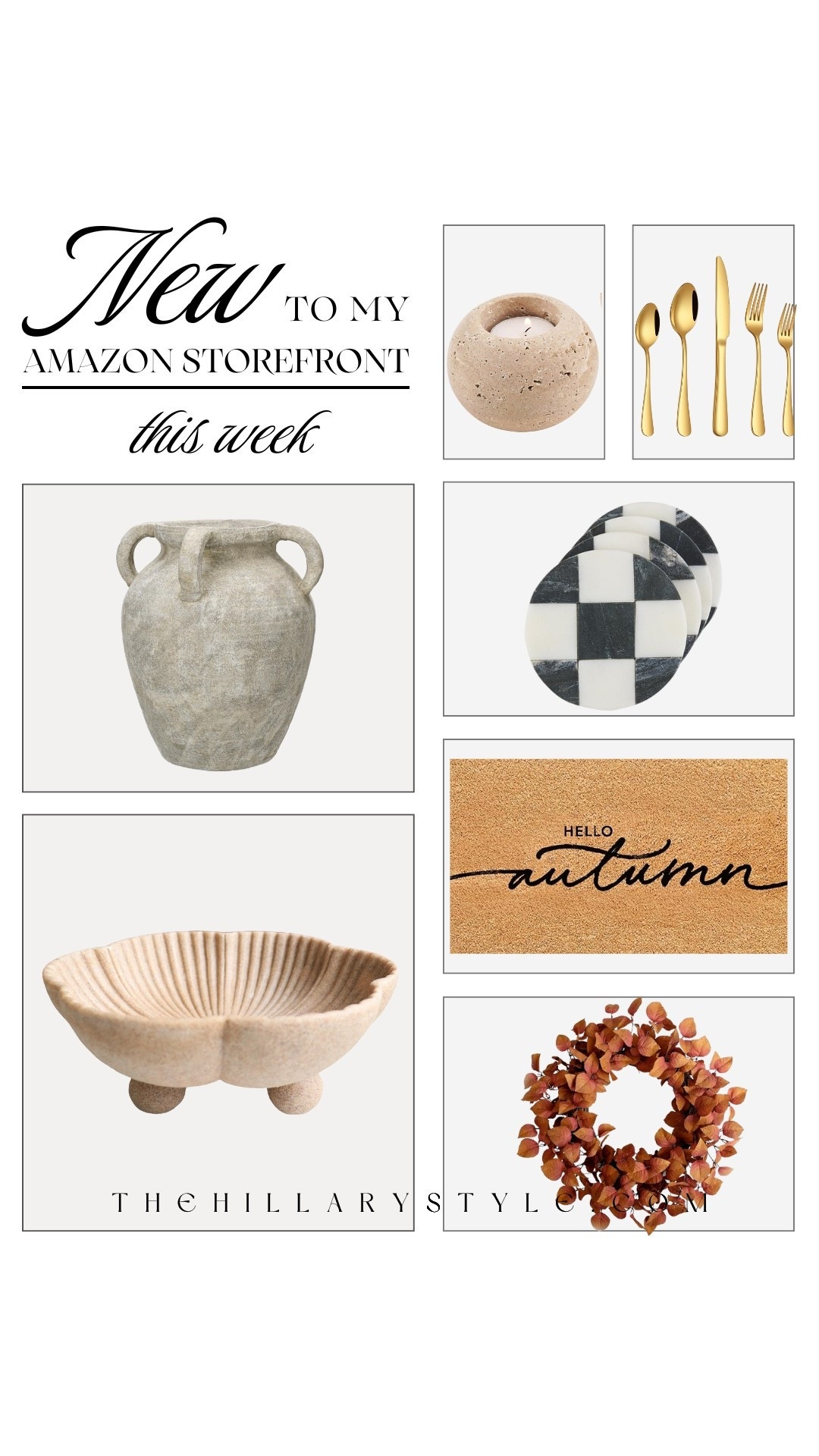 Just added some elevated fall-ready home pieces to my Amazon storefront. The handmade floral vase and travertine candle holder set add that traditional modern touch, while checkered coasters and gold silverware bring a fun refresh to everyday essentials. Loving the faux wreath and autumn doormat for cozy curb appeal.

#LTKSeasonal #LTKHome #LTKOver40