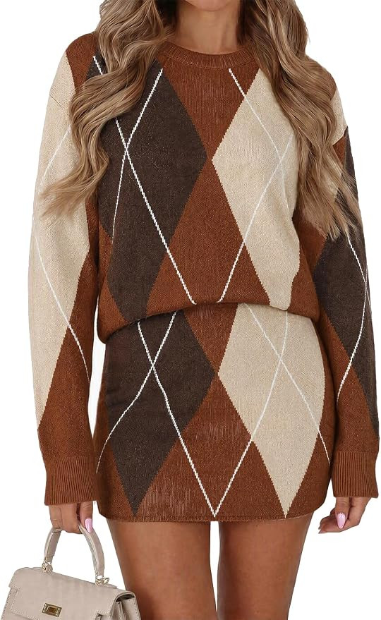 Tankaneo Womens Plaid 2 Piece Skirt Sets Color Block Knit Sweater Sets | Amazon (US)